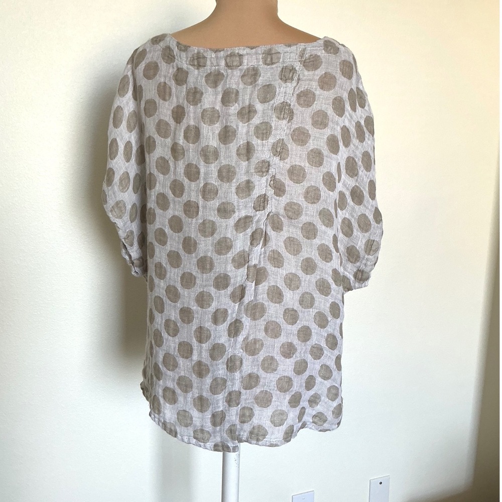 FLAX Linen Polka Dot Boxy Top Small Taupe Lagenlook Artsy Short Sleeve - Picture 3 of 11